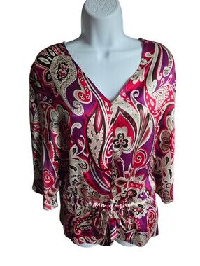 NWT Altea Milano Paisley Satin V-Neck Blouse Pink Purple Tie Waist Size M